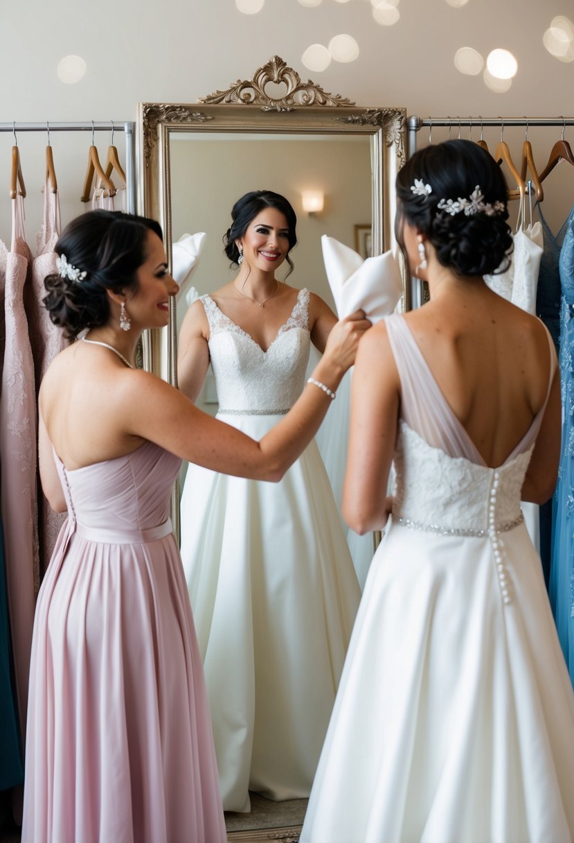 The maid of honor gently holds up a wedding dress while the bride admires herself in the mirror, surrounded by racks of beautiful gowns