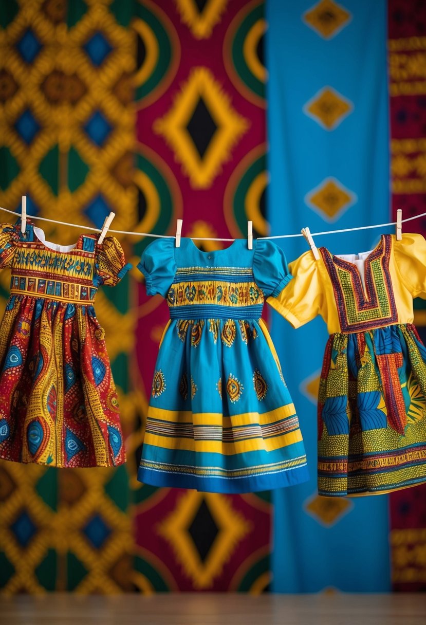 Colorful batik dresses hang on a clothesline against a backdrop of vibrant African patterns, suggesting wedding attire for children