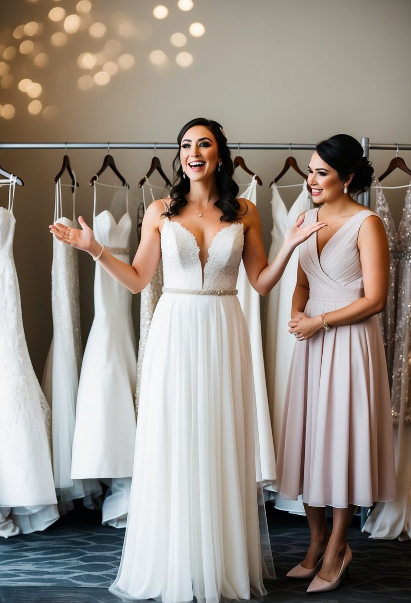 A bride stands in front of a row of wedding dresses, gesturing and speaking enthusiastically while her maid of honor listens attentively