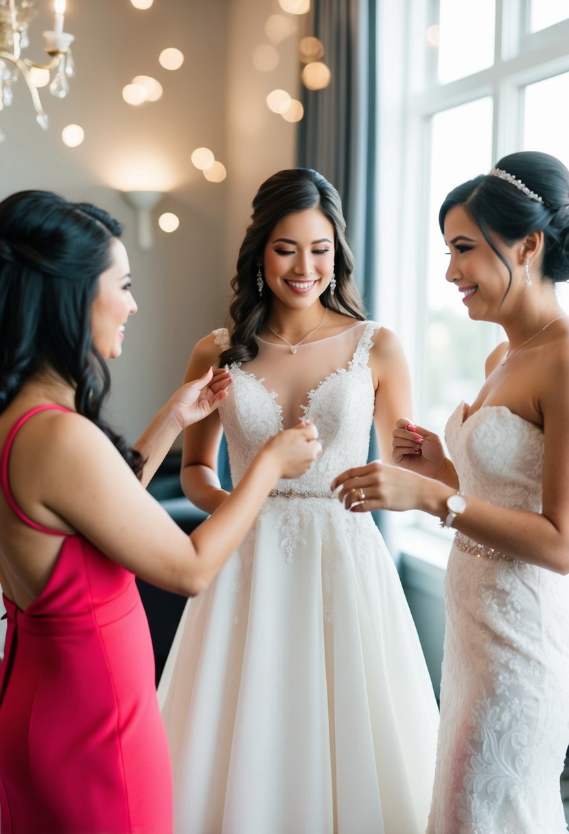 A maid of honor trying on wedding dresses with a supportive friend offering feedback and advice