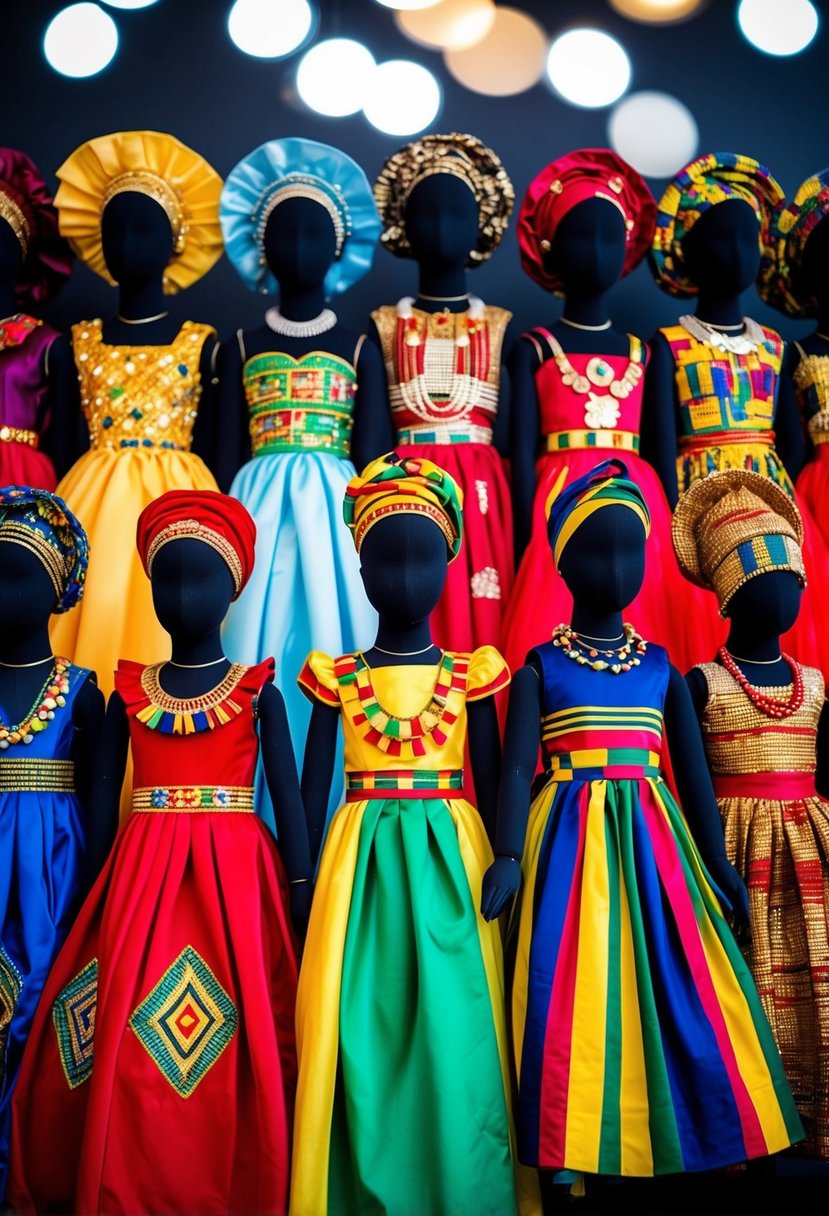 A colorful array of traditional African wedding dress designs for kids displayed on velvet mannequins