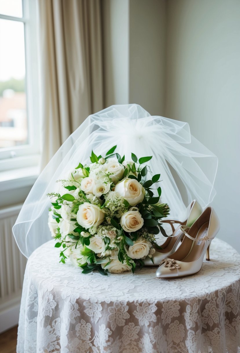 A bridal bouquet and veil on a lace-covered table with a pair of elegant wedding shoes nearby