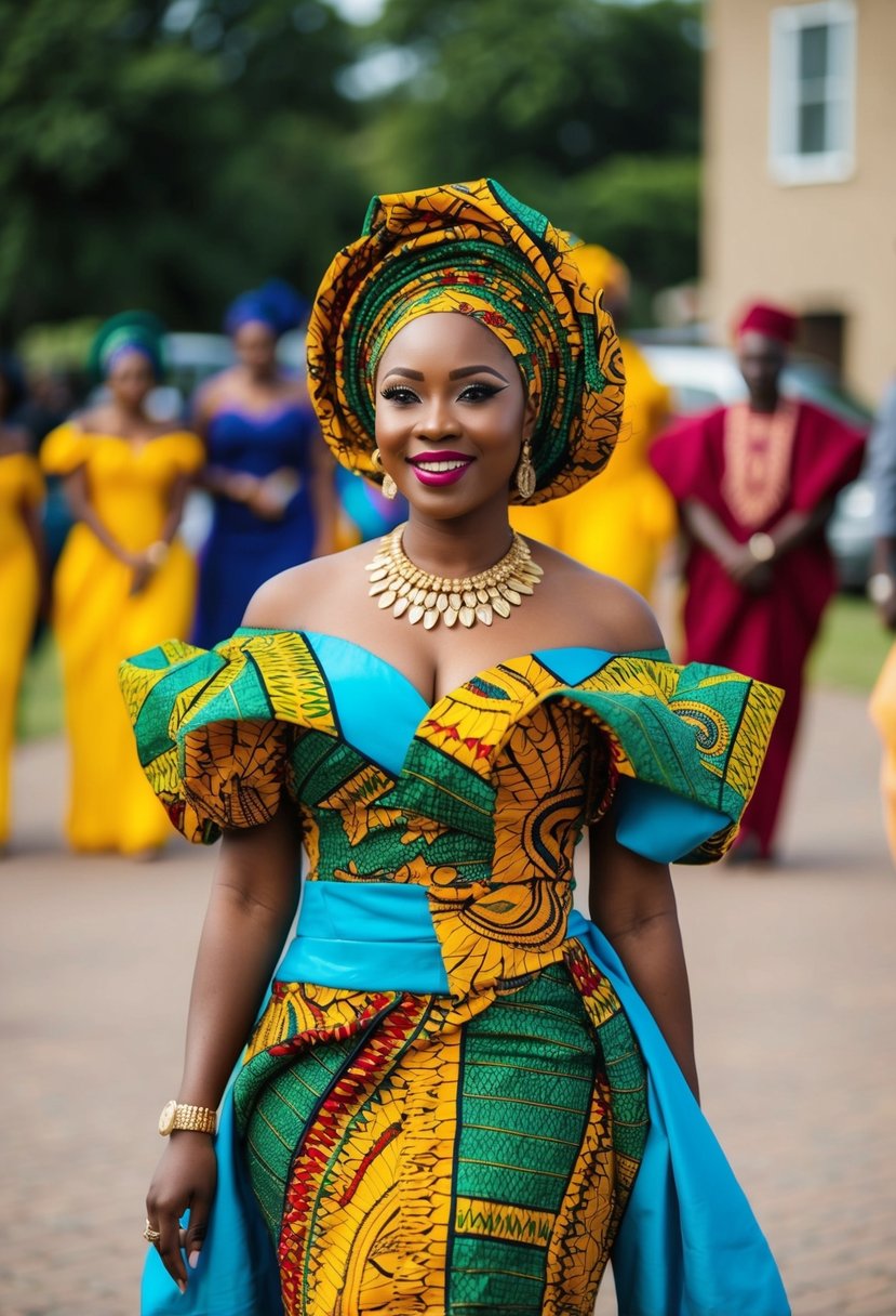 A vibrant Yoruba Iro and Buba dress with intricate patterns and bold colors, perfect for a festive African wedding celebration