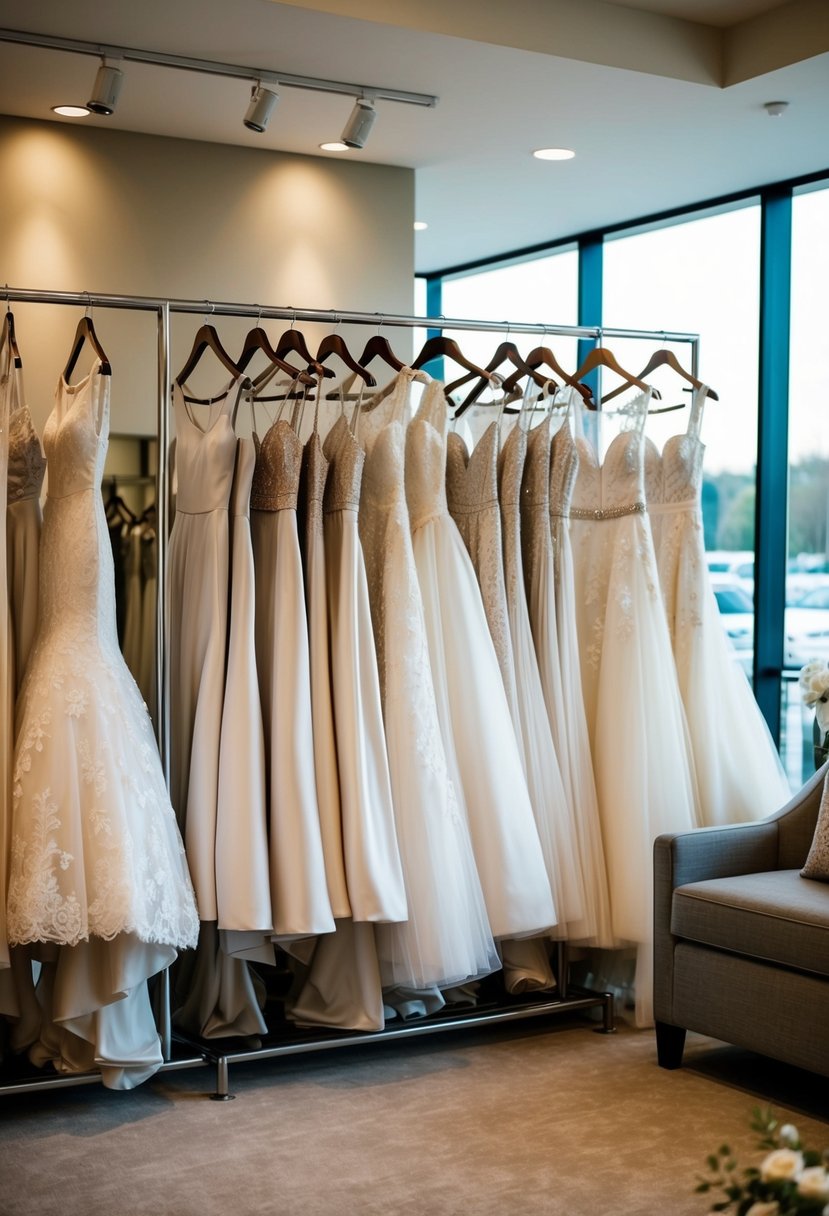 A rack of wedding dresses in a boutique, with soft lighting and a comfortable seating area for the maid of honor to review options later