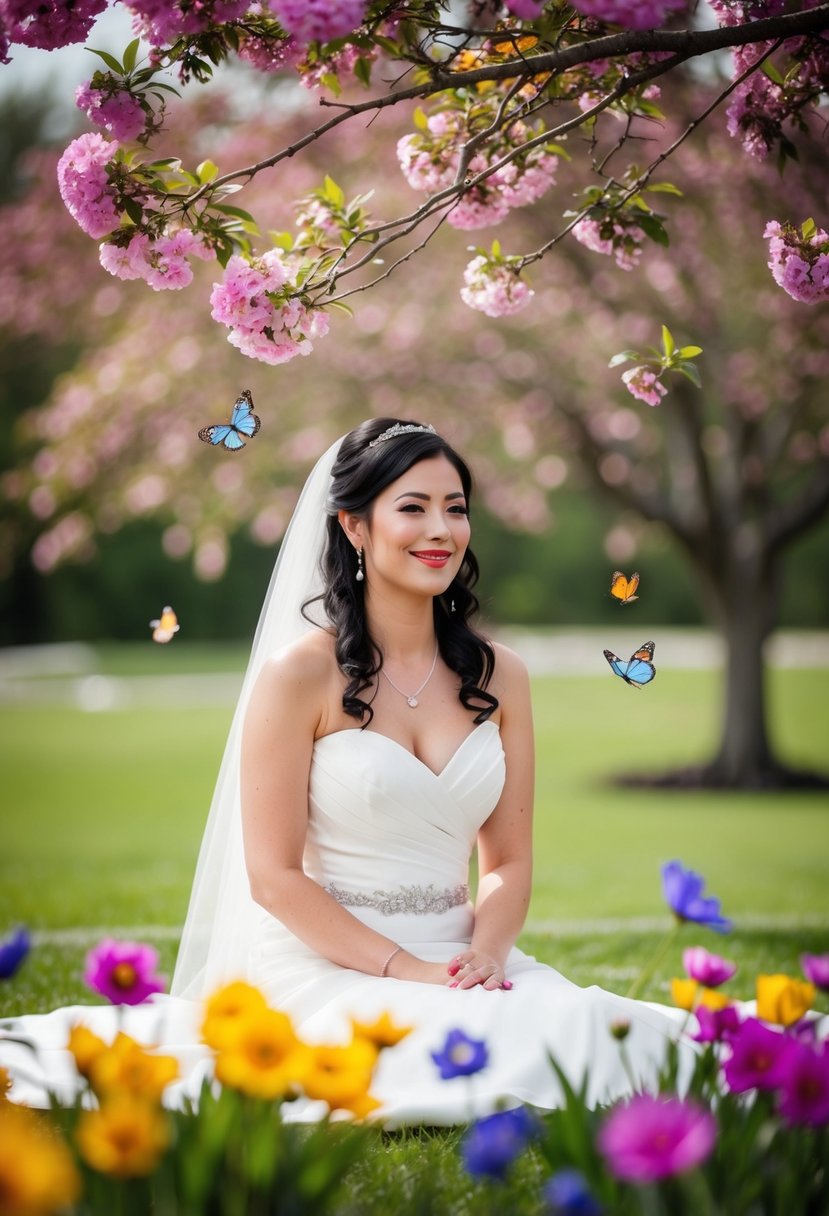 A bride sitting under a blooming tree, surrounded by colorful flowers and butterflies, with a serene smile on her face