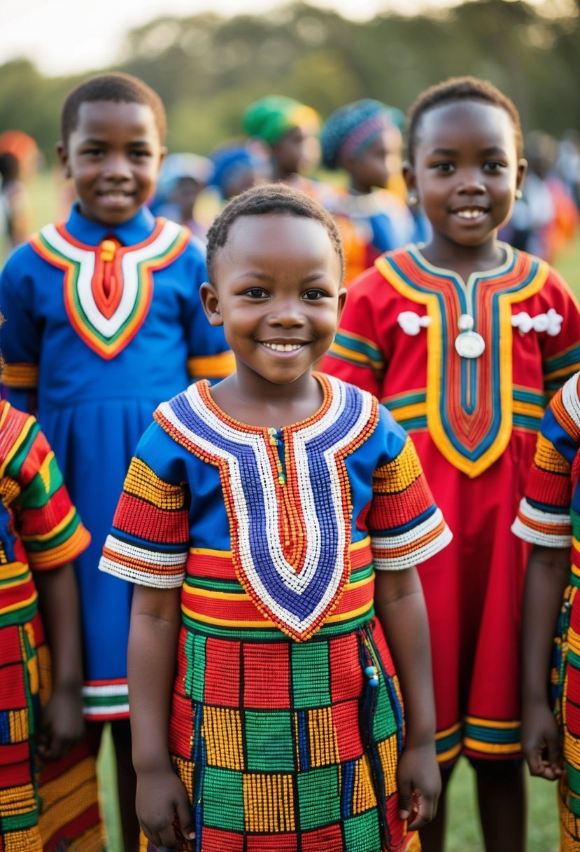 Colorful Xhosa dresses for kids at an African wedding, with vibrant patterns and traditional beadwork