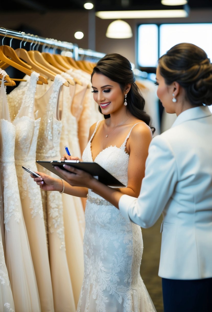 A maid of honor browsing through racks of wedding dresses, holding a clipboard and pen, while a salesperson assists her