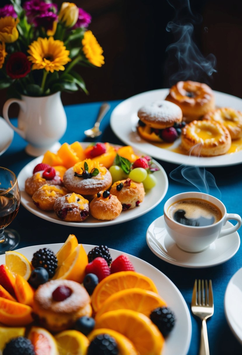 A table set with a colorful array of fruits, pastries, and hot dishes, with a steaming cup of coffee and a vase of fresh flowers