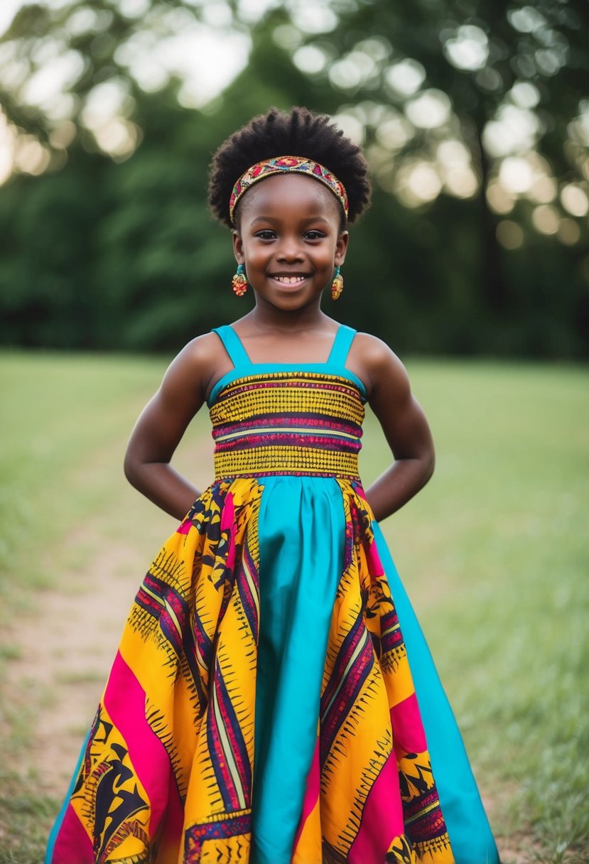 Vibrant silk maxi dresses with tribal patterns, ideal for African-inspired kids' wedding attire