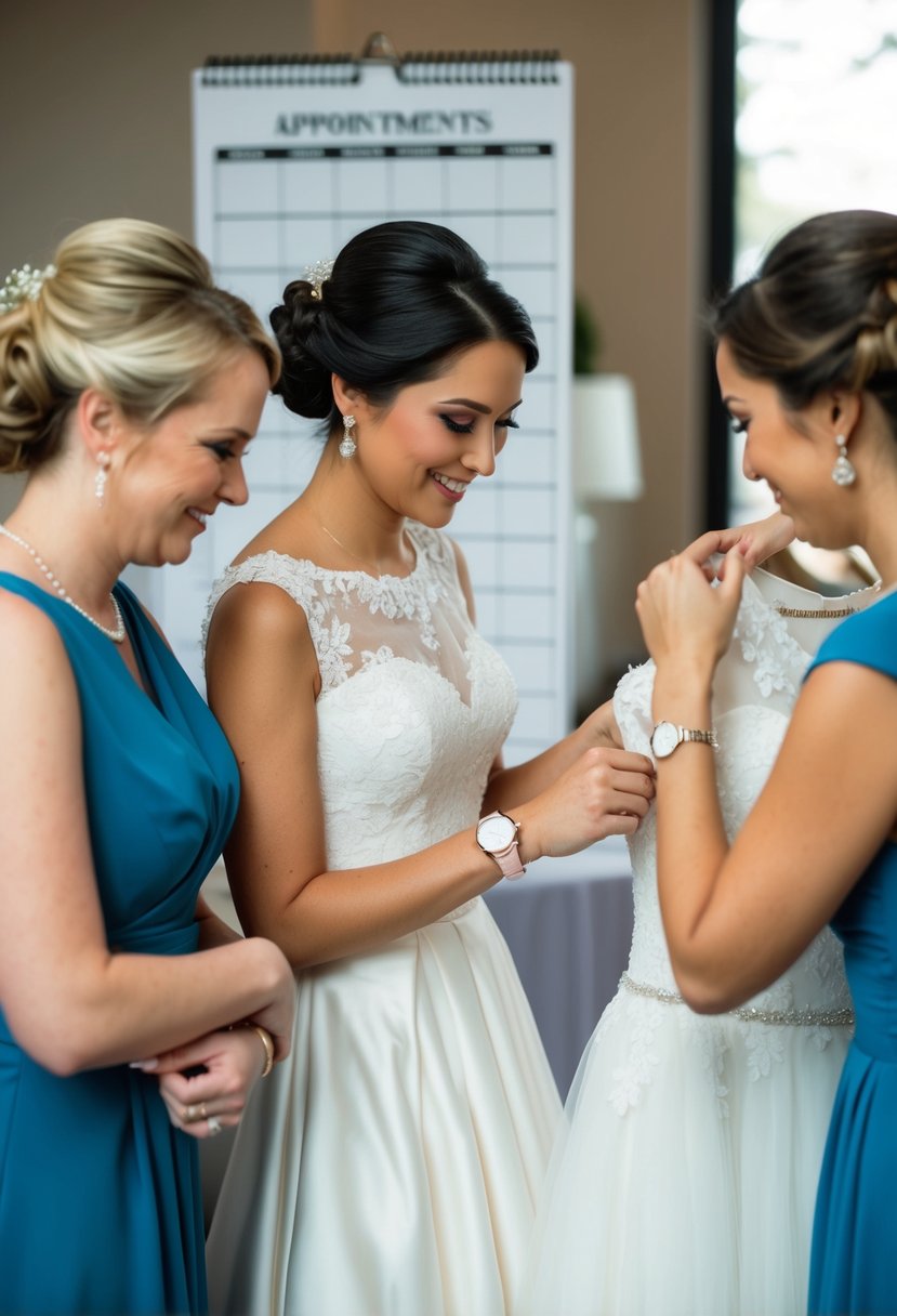 A maid of honor checks her watch while browsing wedding dresses with the bride. A calendar with appointments is visible in the background