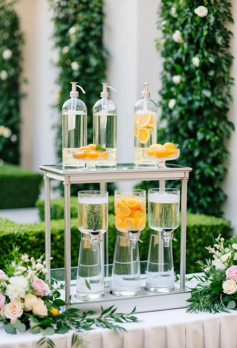 A sparkling water station with elegant glass dispensers and fresh fruit garnishes, surrounded by lush greenery and delicate floral arrangements