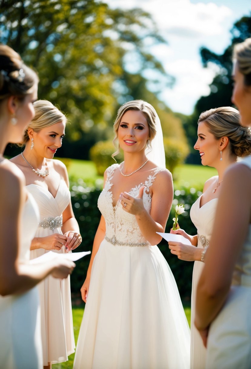 Bride gestures towards bridal party, assigning tasks