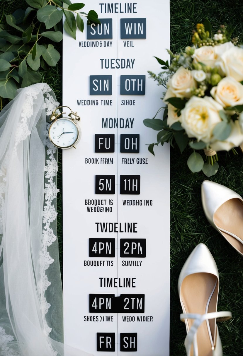 A timeline with a clock showing specific times throughout the day, surrounded by wedding-related items such as a veil, bouquet, and shoes