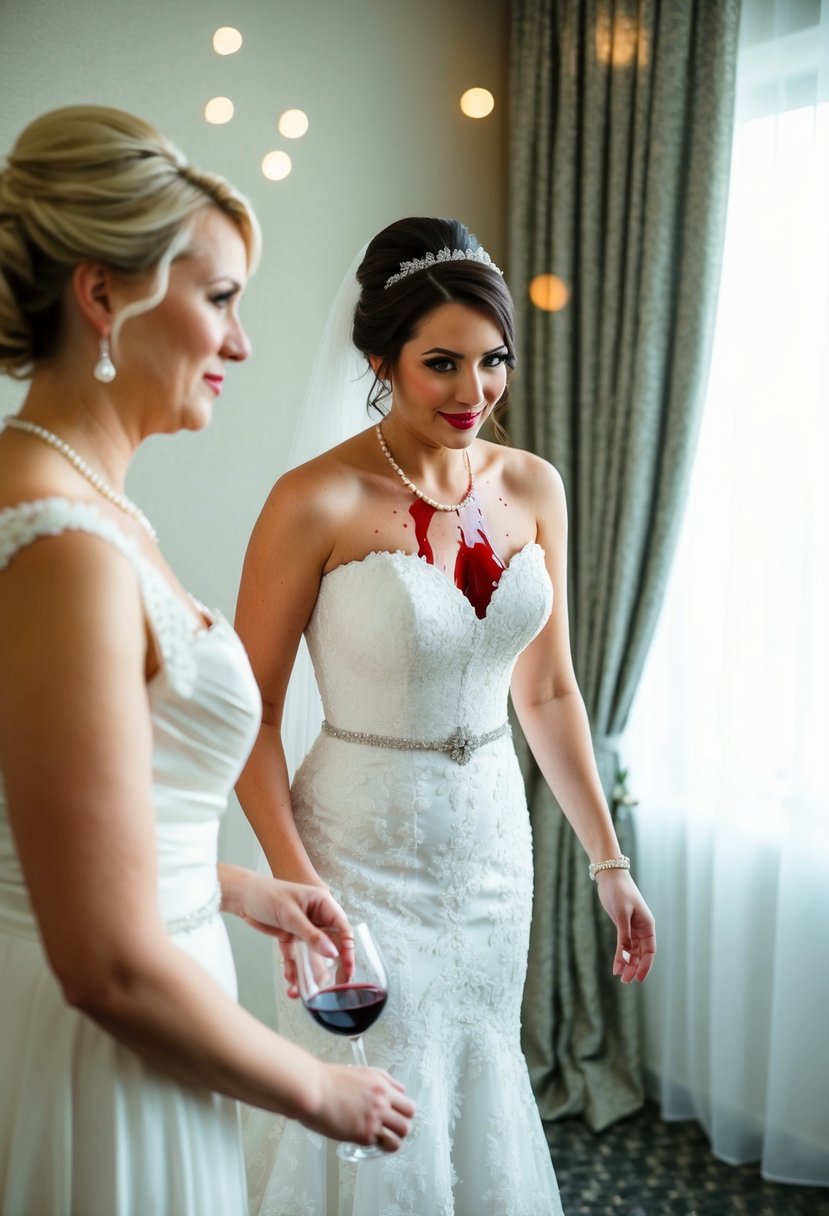 A maid of honor tries on wedding dresses, but spills red wine on a white gown