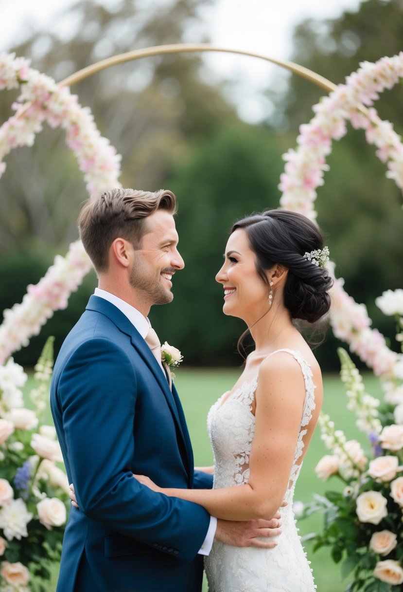 A bride and groom stand facing each other, smiling and gazing into each other's eyes, surrounded by flowers and wedding decor