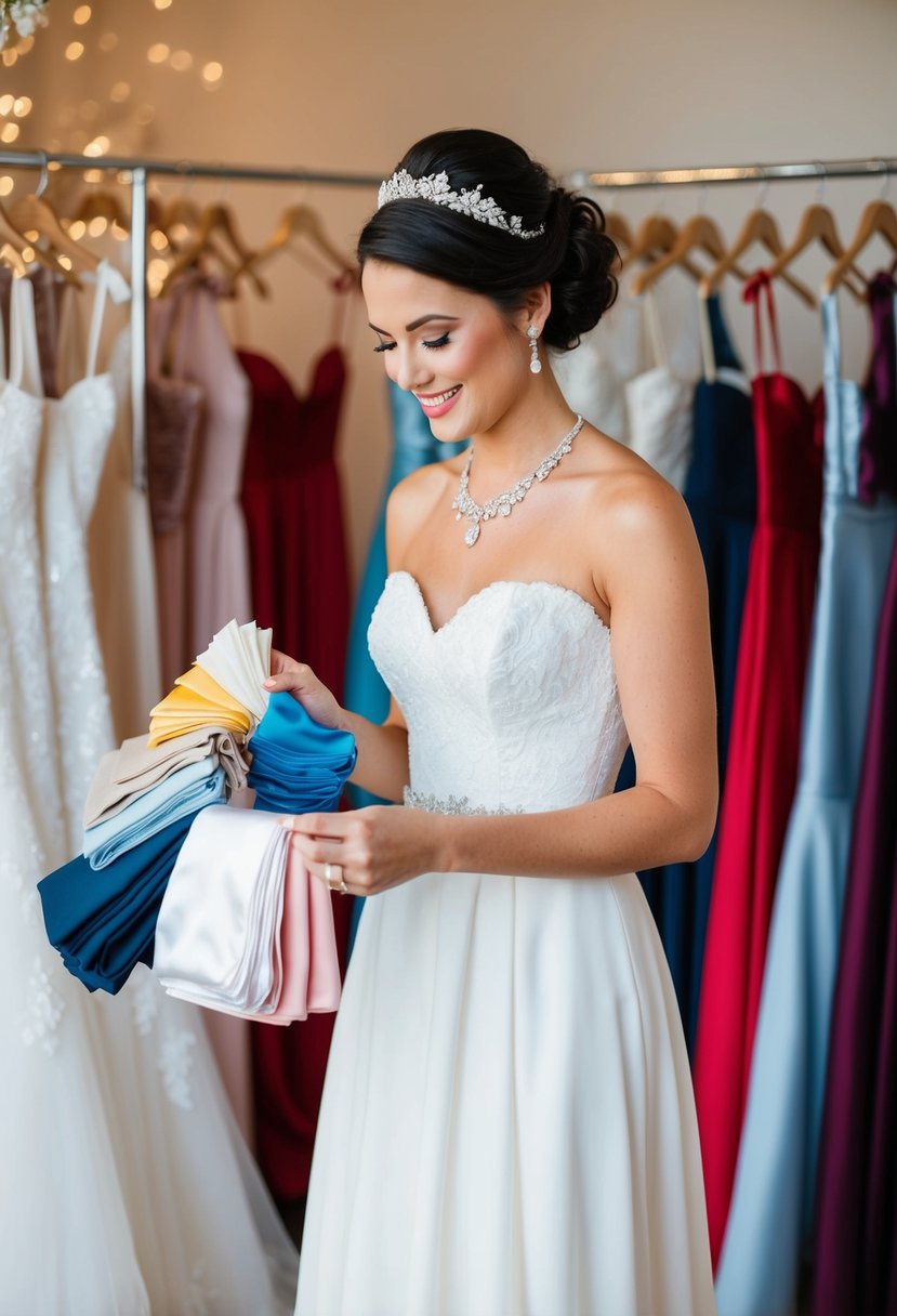 A maid of honor holds swatches of fabric, comparing colors for accessories, while surrounded by racks of wedding dresses