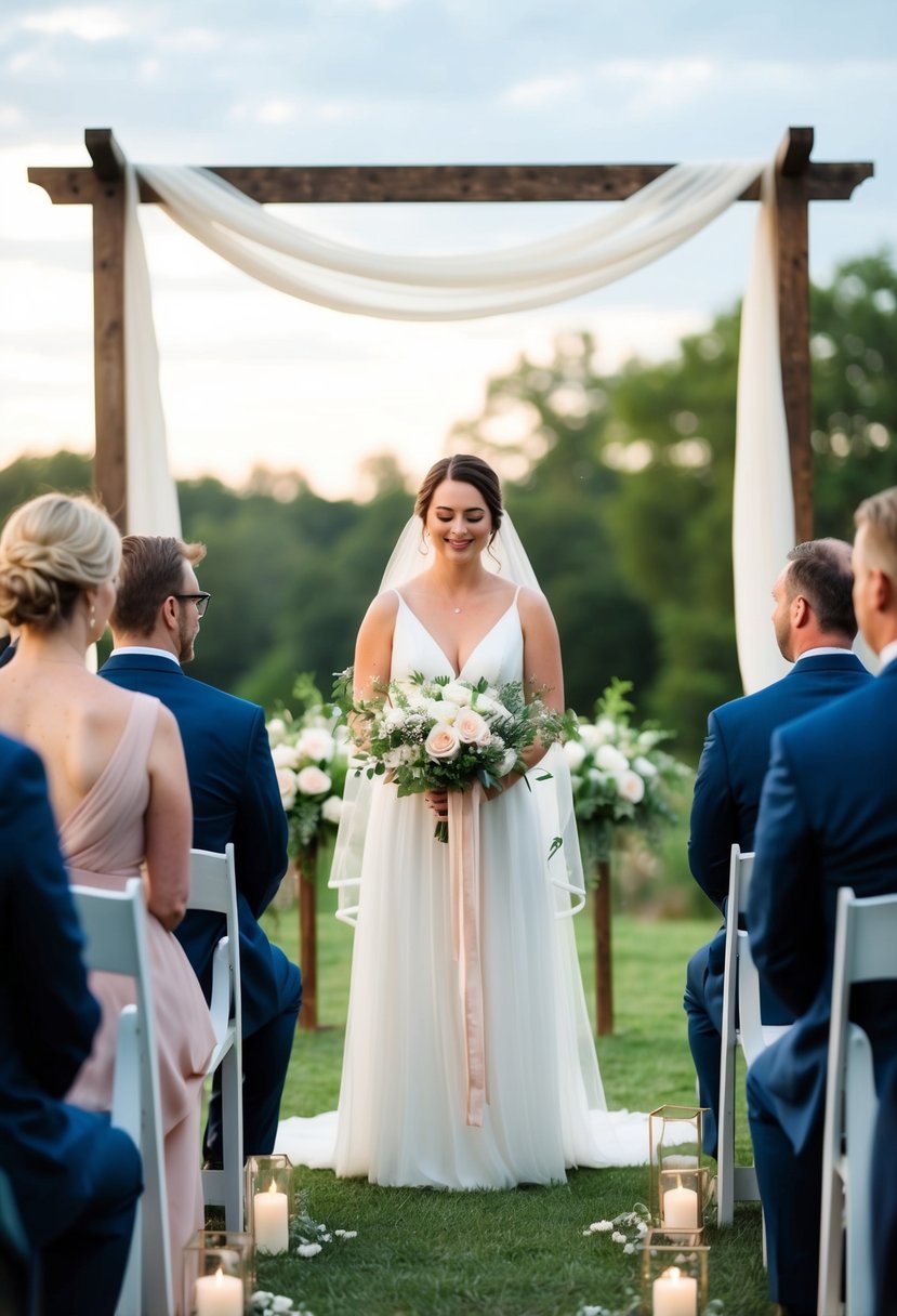 A serene outdoor wedding ceremony with soft lighting and minimal decor, allowing the bride to fully immerse herself in the moment