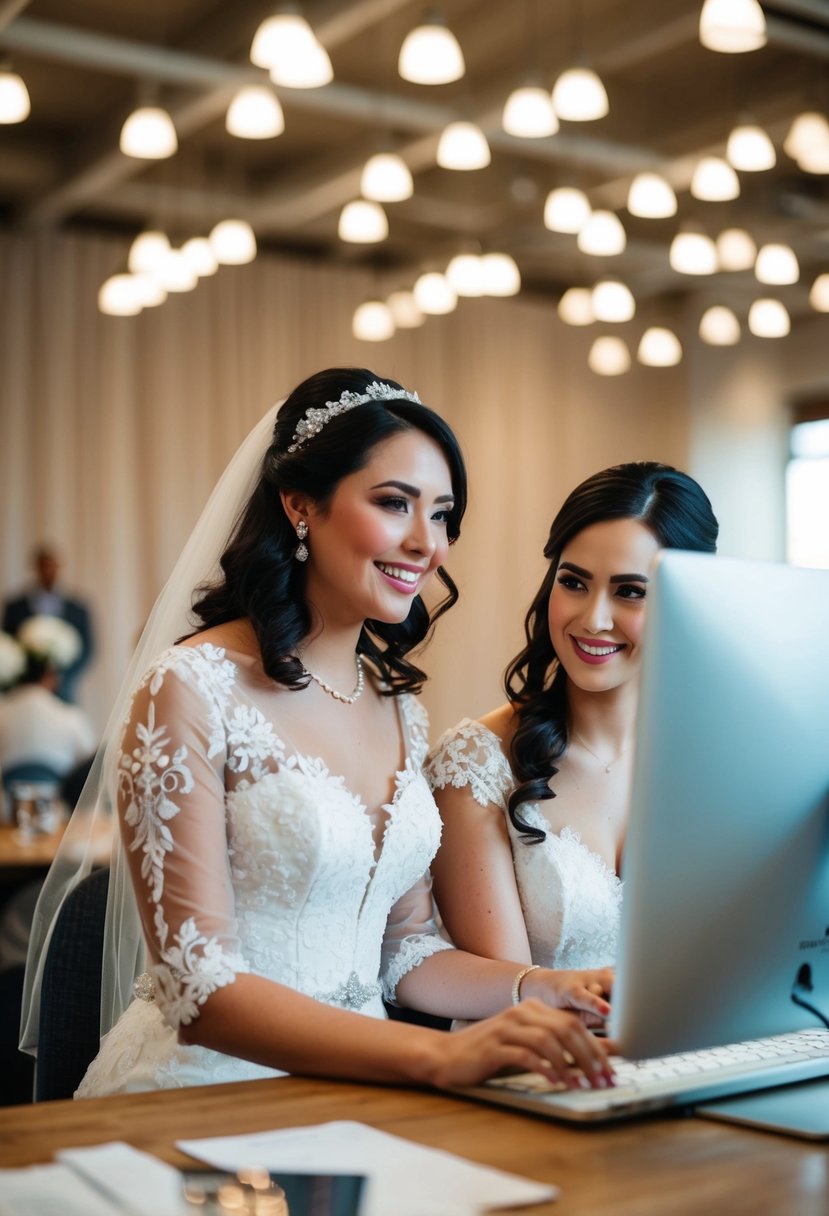 The maid of honor and the bride sit together at a computer, scrolling through various wedding dress styles and tips for shopping