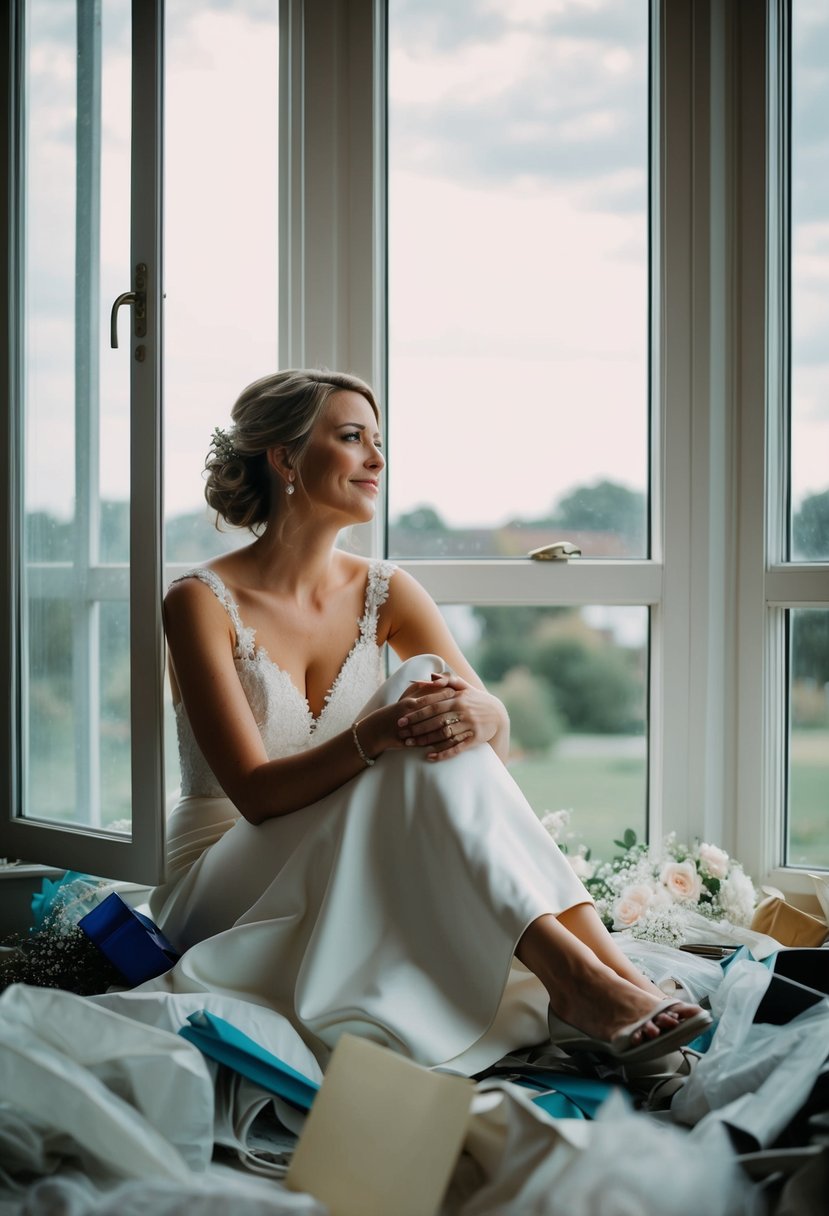 A bride sitting alone, surrounded by discarded wedding items, gazing out a window with a mix of exhaustion and contentment on her face