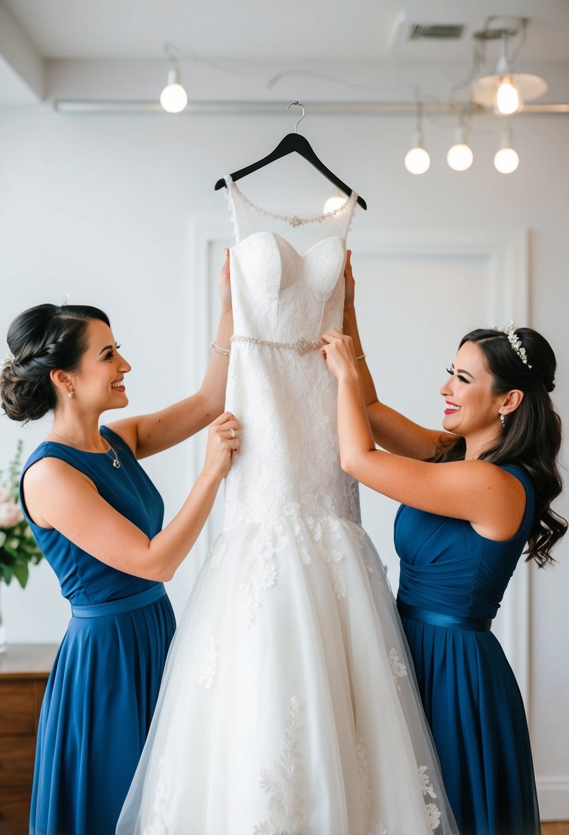 A maid of honor holds up a wedding dress, comparing its size to a regular dress