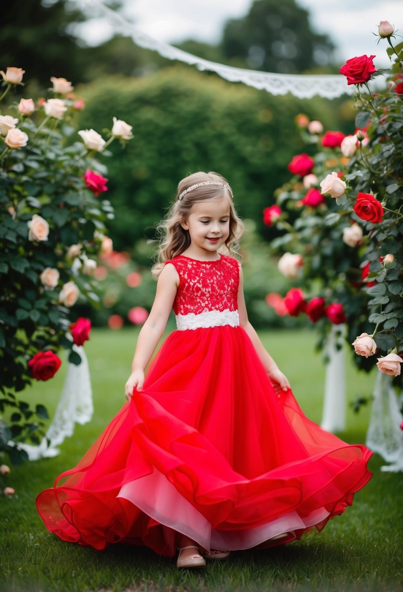 A young girl twirls in a vibrant red wedding dress, surrounded by a garden of roses and lace