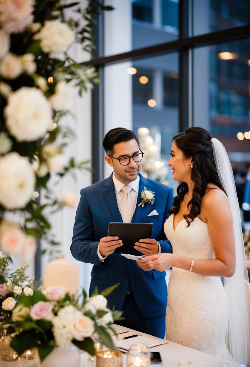 A bride and a vendor discussing details at a table with wedding decor and flowers in the background