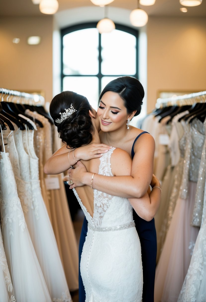 A maid of honor calmly embraces a bride-to-be, offering reassurance as they browse through racks of wedding dresses