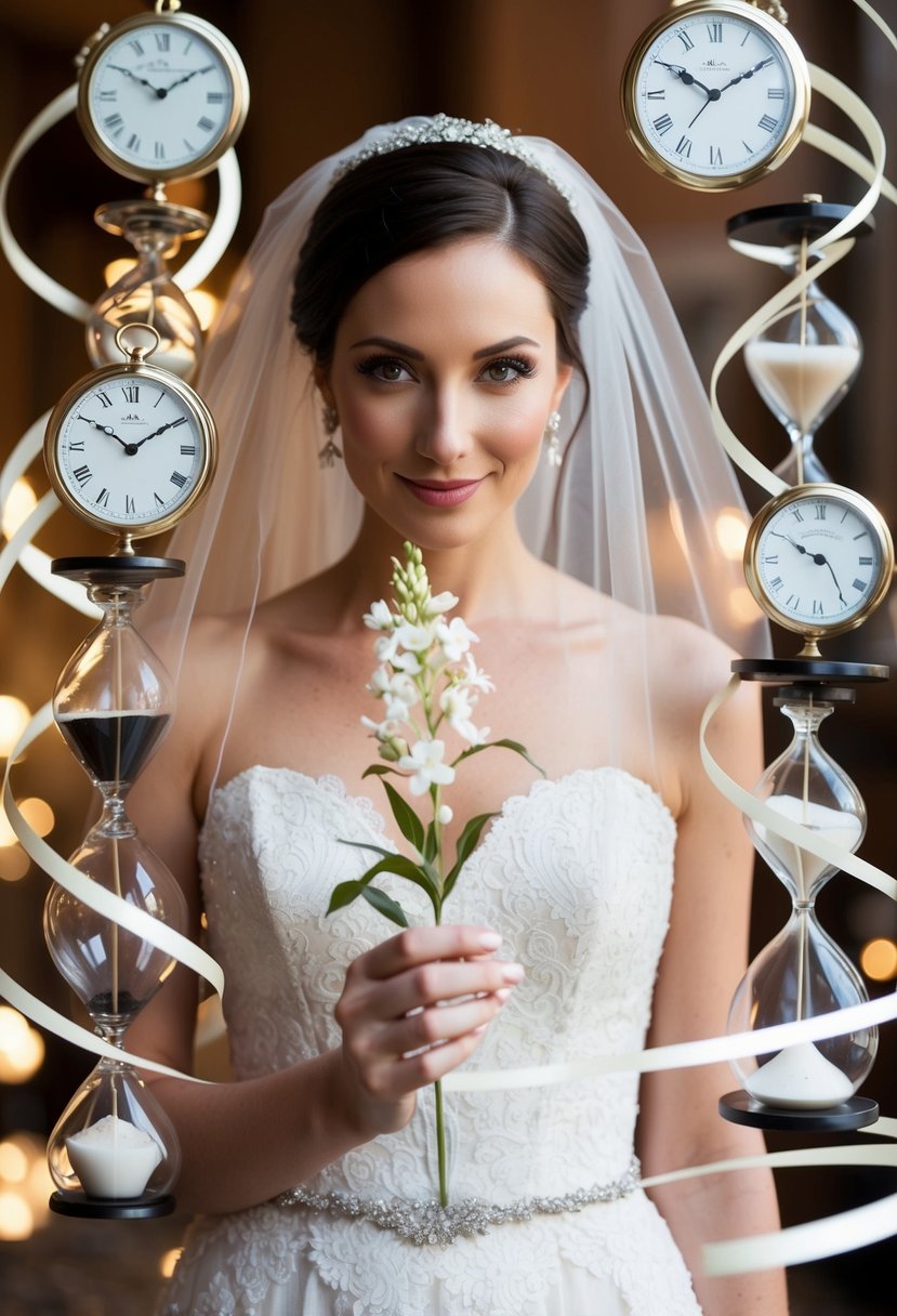 A bride holding a delicate flower, surrounded by swirling clocks and hourglasses, symbolizing the fleeting nature of time