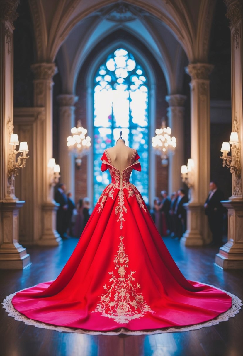 An elegant red princess gown with a flowing train, fit for a royal wedding