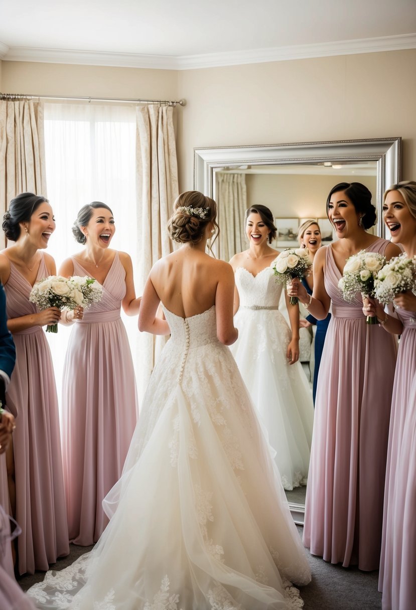 The bride twirls in front of the mirror, surrounded by her excited maid of honor and friends, as she finally finds her perfect wedding dress