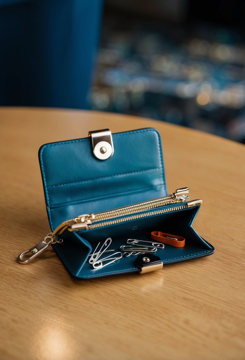 A small clutch purse open on a table, revealing safety pins and other emergency items