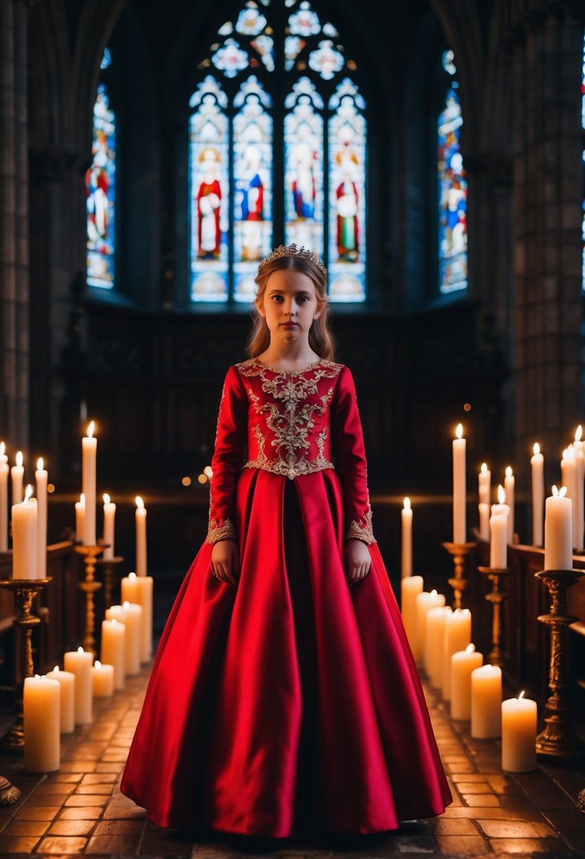 A young girl in a gothic red wedding dress stands in a dimly lit, ornate cathedral, surrounded by flickering candles and dramatic stained glass windows