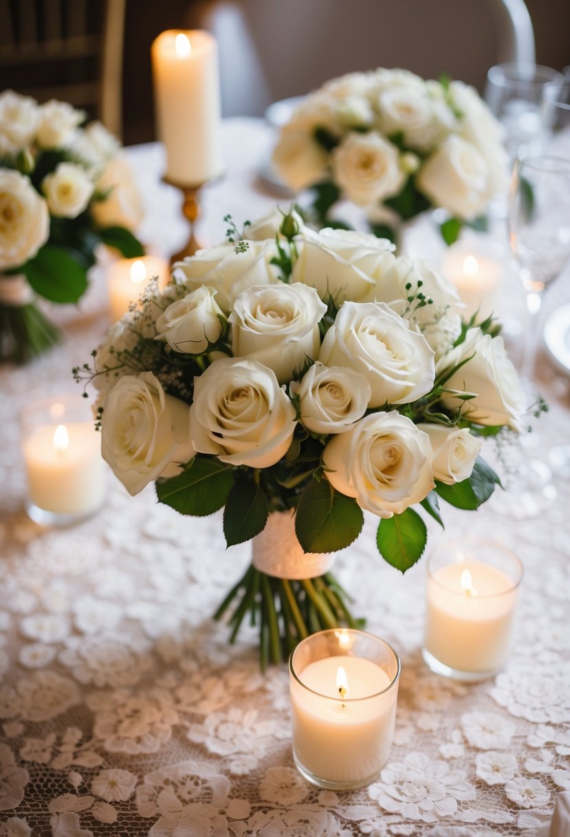 A bouquet of delicate white roses and soft candlelight on a lace-covered table, creating a romantic and intimate atmosphere for the bride's personal vows