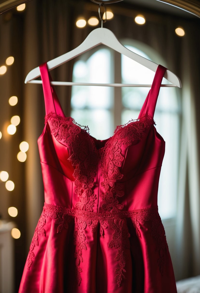 A red satin dress with lace appliques hangs on a dress form, surrounded by soft lighting and a romantic atmosphere