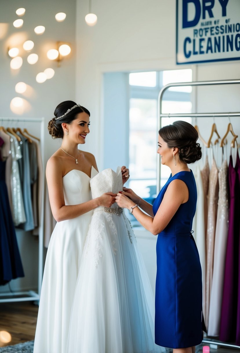 A maid of honor holds a wedding dress while a tailor takes measurements. Nearby, a rack of dresses and a dry cleaning sign