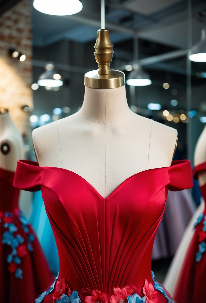 A red off-shoulder prom dress with floral accents on a mannequin