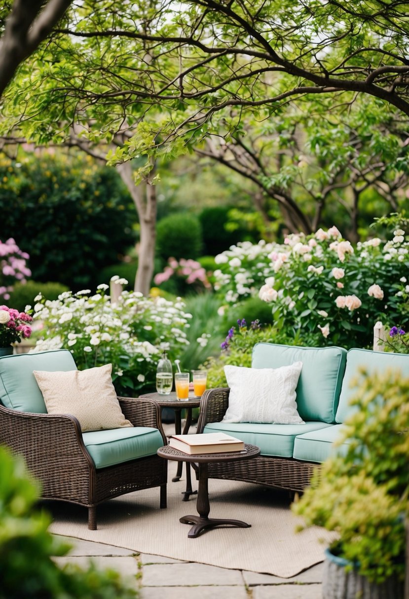 A serene garden with a cozy seating area, surrounded by blooming flowers and shaded by a canopy of trees. A small table is set with refreshments and a book, creating a peaceful atmosphere for the bride to relax before her ceremony