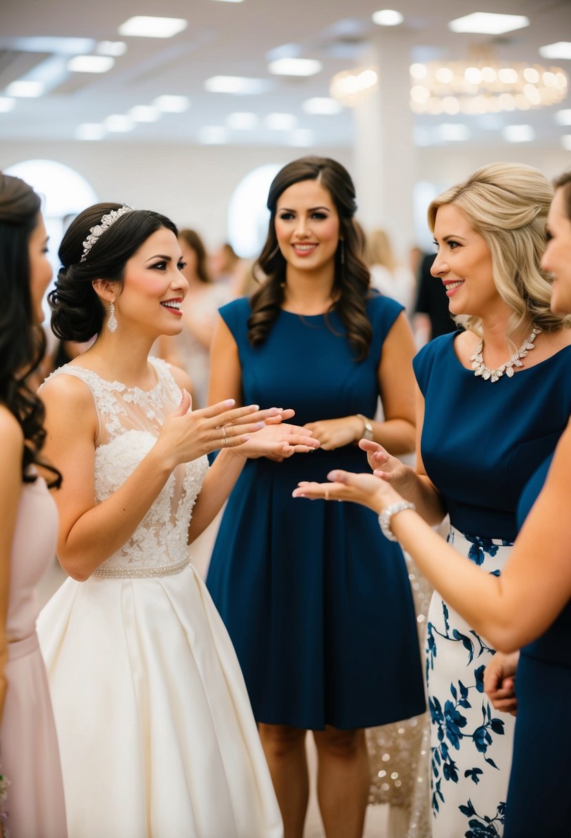 The maid of honor gestures for others to give the bride space to speak while wedding dress shopping