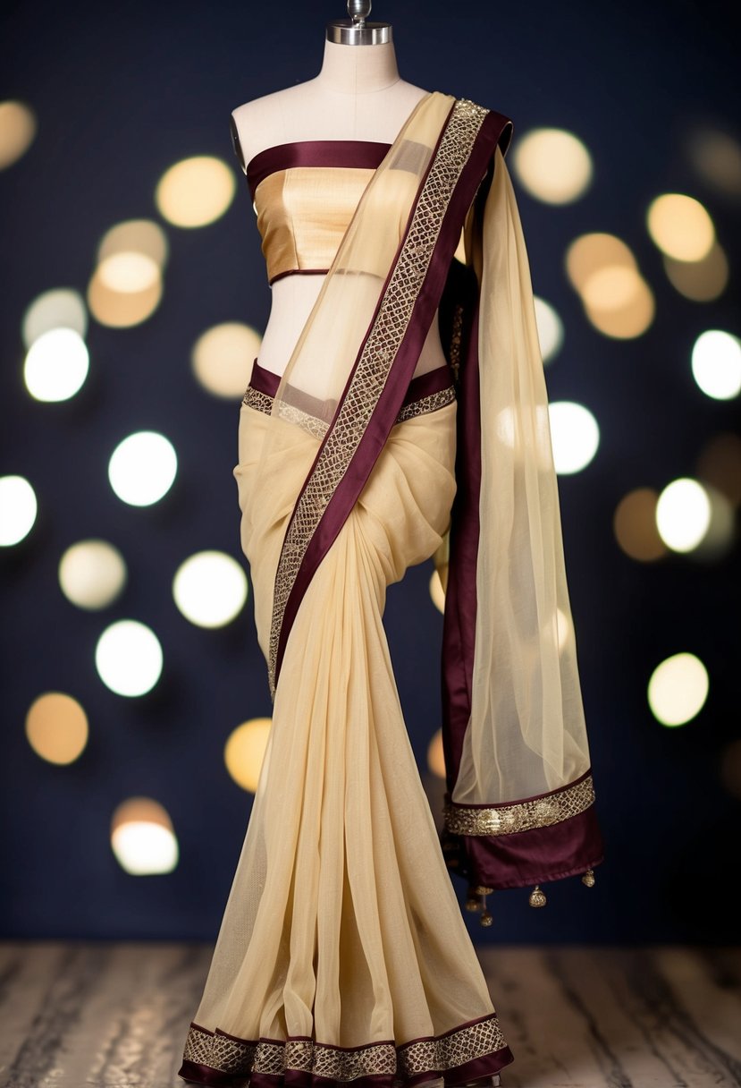 A beige and maroon pre-stitched net saree draped over a mannequin