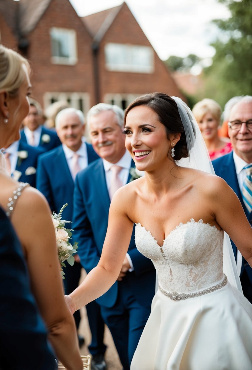 A bride greeting arriving guests with a warm smile and open arms