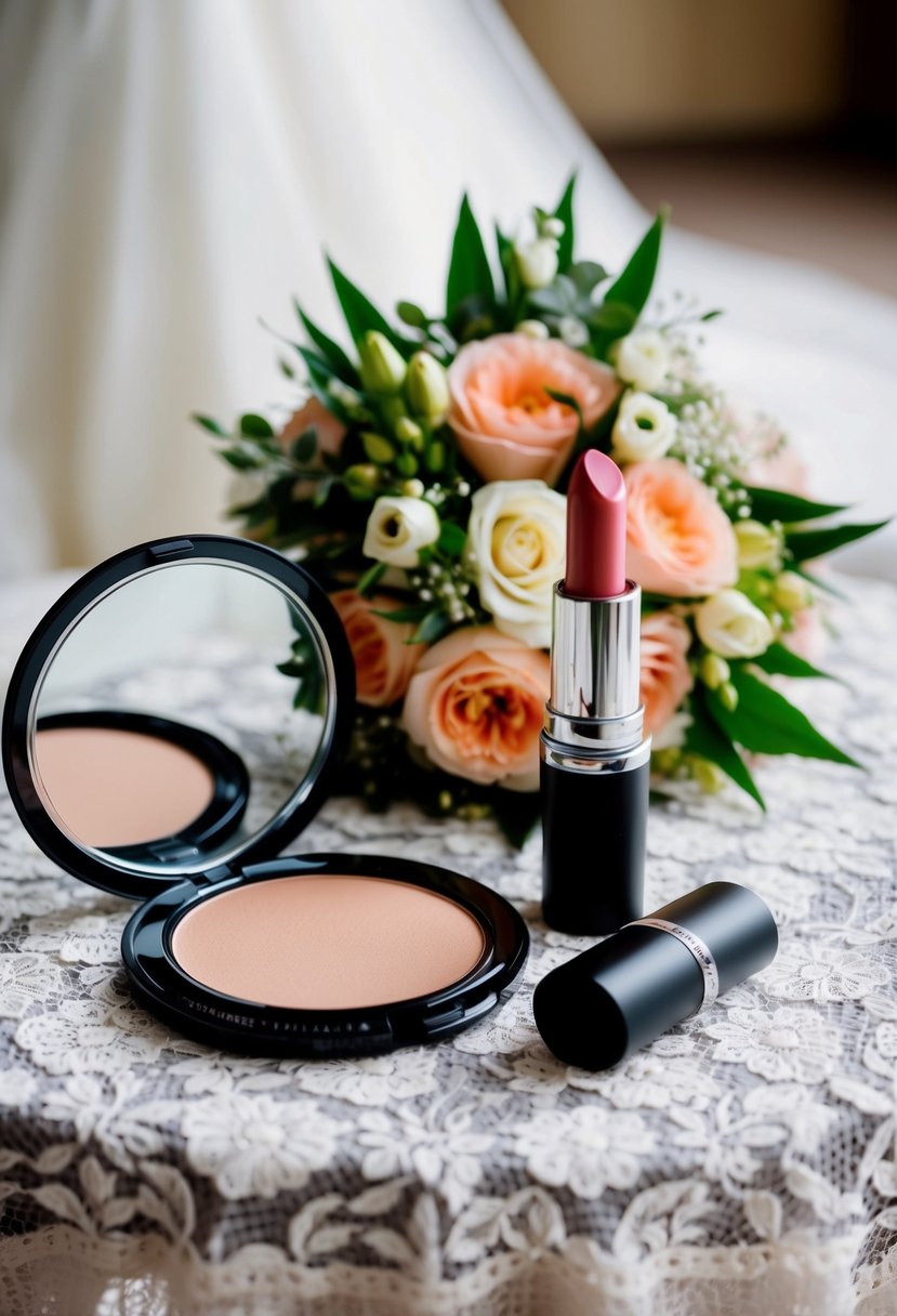 A compact mirror, lipstick, and powder blush sit on a lace-covered table next to a bouquet of flowers and a wedding dress