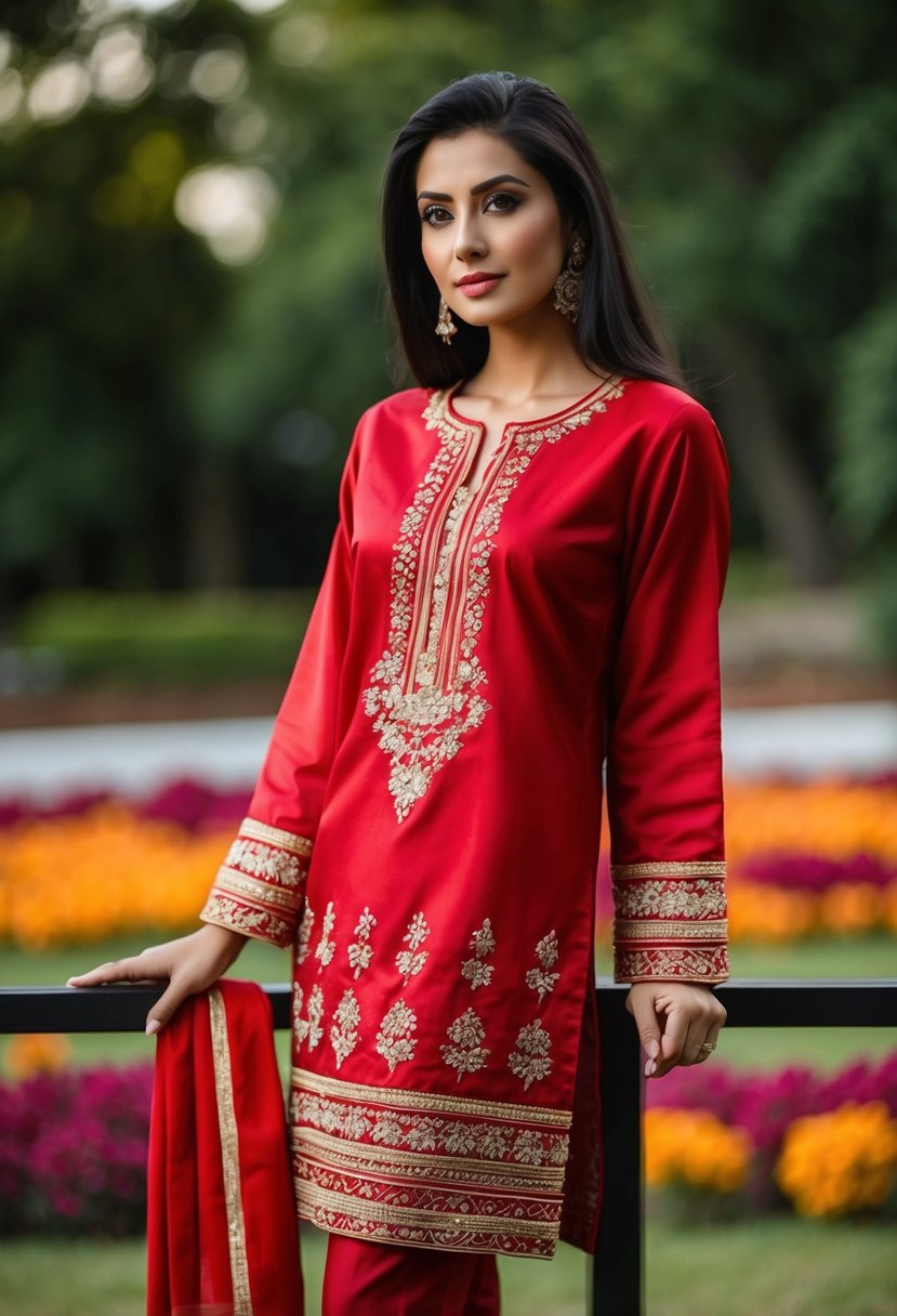 A red Dupion silk kurta set with intricate embroidery