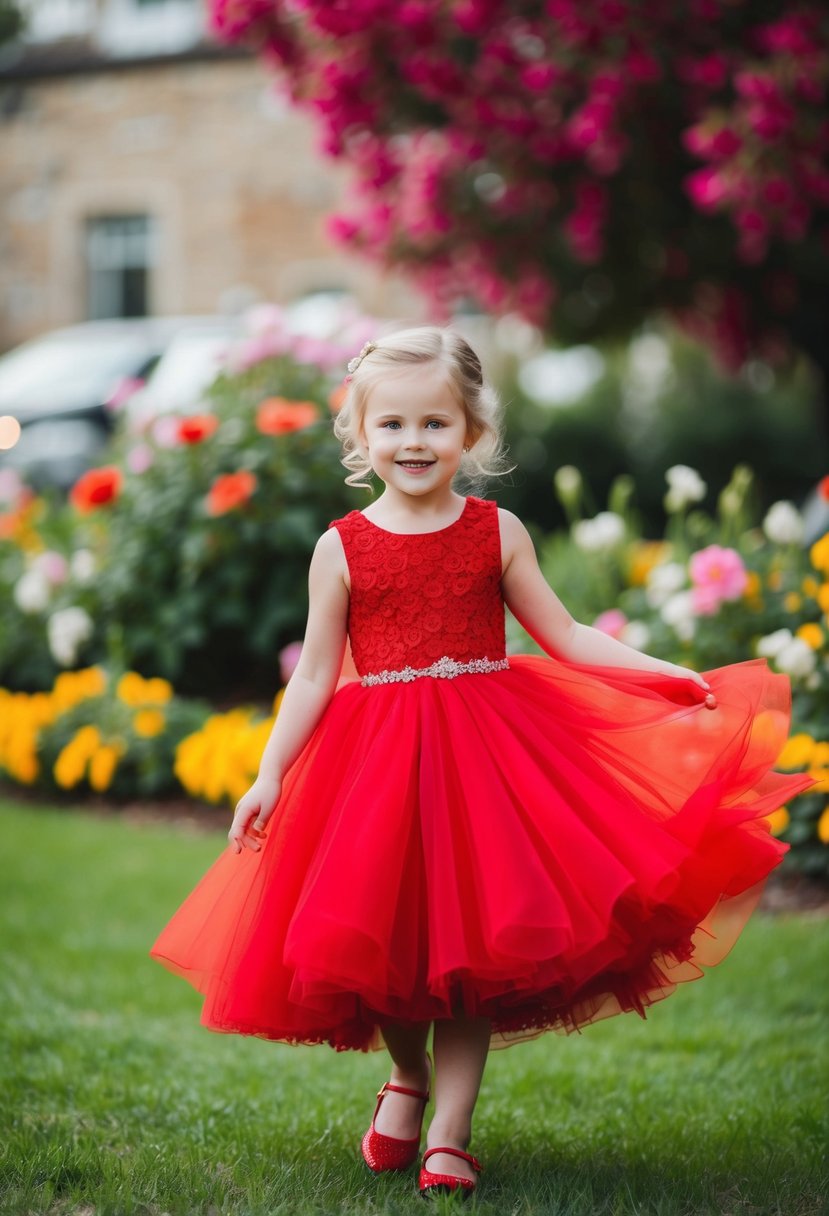 A young girl twirls in a vibrant red tulle dress, surrounded by blooming flowers at a wedding