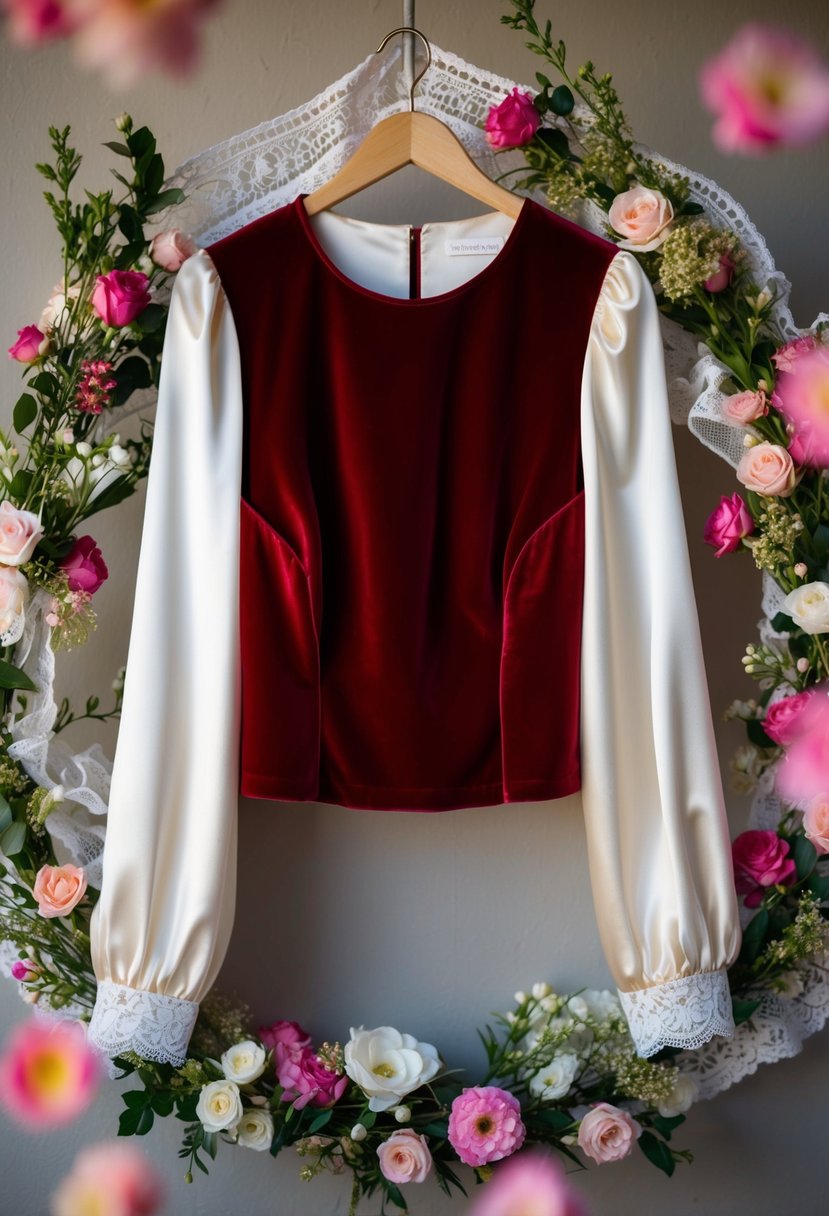 A red velvet top with satin sleeve dress hangs on a hanger, surrounded by delicate lace and floral accents