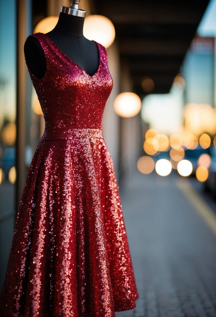 A knee-length flared dress adorned with glittering sequins in vibrant red