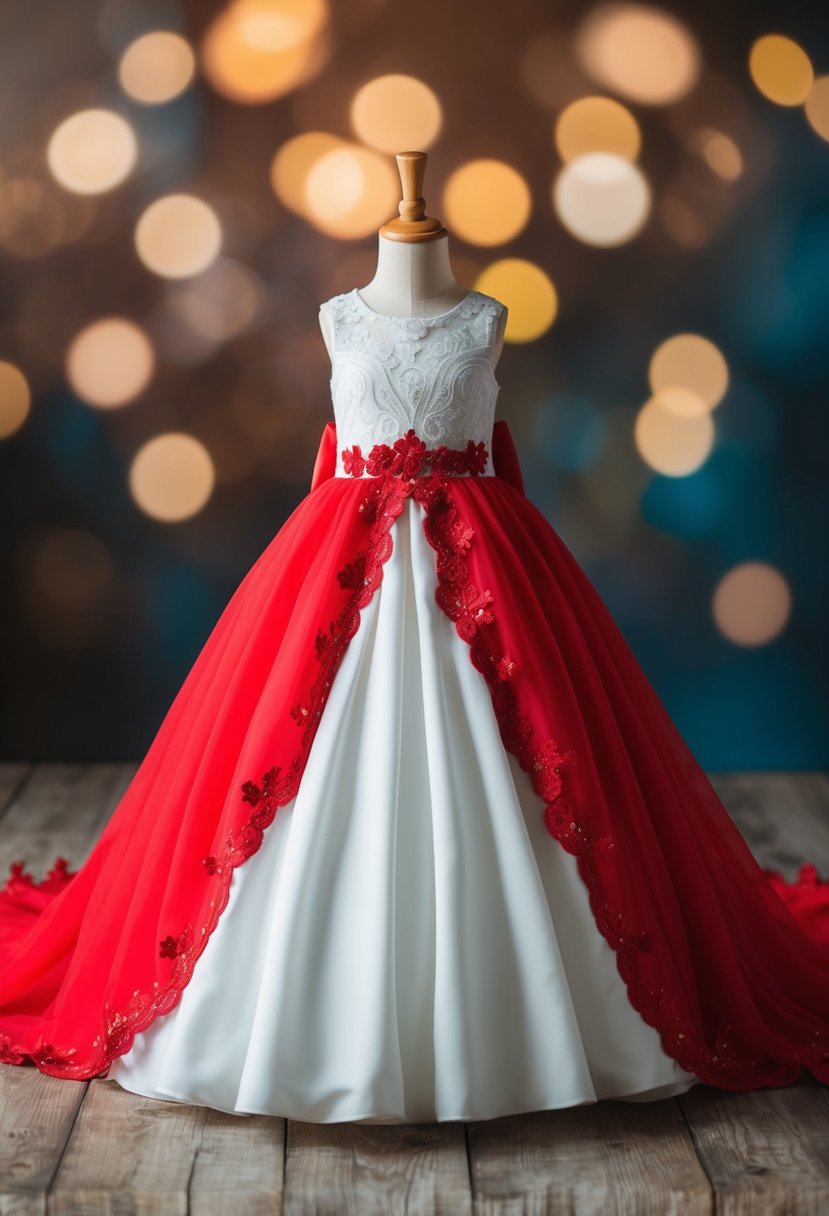 A vibrant red wedding dress made of high-quality cotton-polyester fabric, with intricate details and a flowing silhouette, perfect for kids