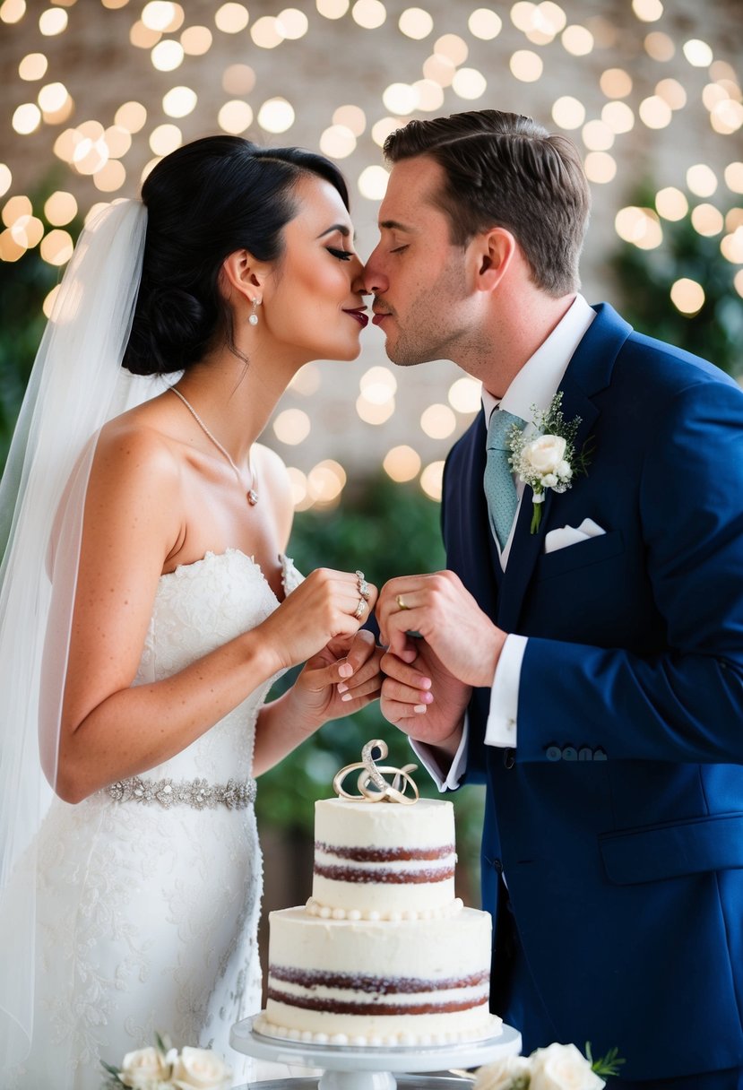 A bride and groom following wedding etiquette: exchanging rings, cutting the cake, and sharing a kiss