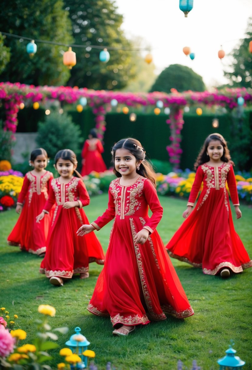 A group of children wearing vibrant red Indo-Western gowns, with intricate embroidery and flowing silhouettes, playing in a garden adorned with colorful flowers and lanterns