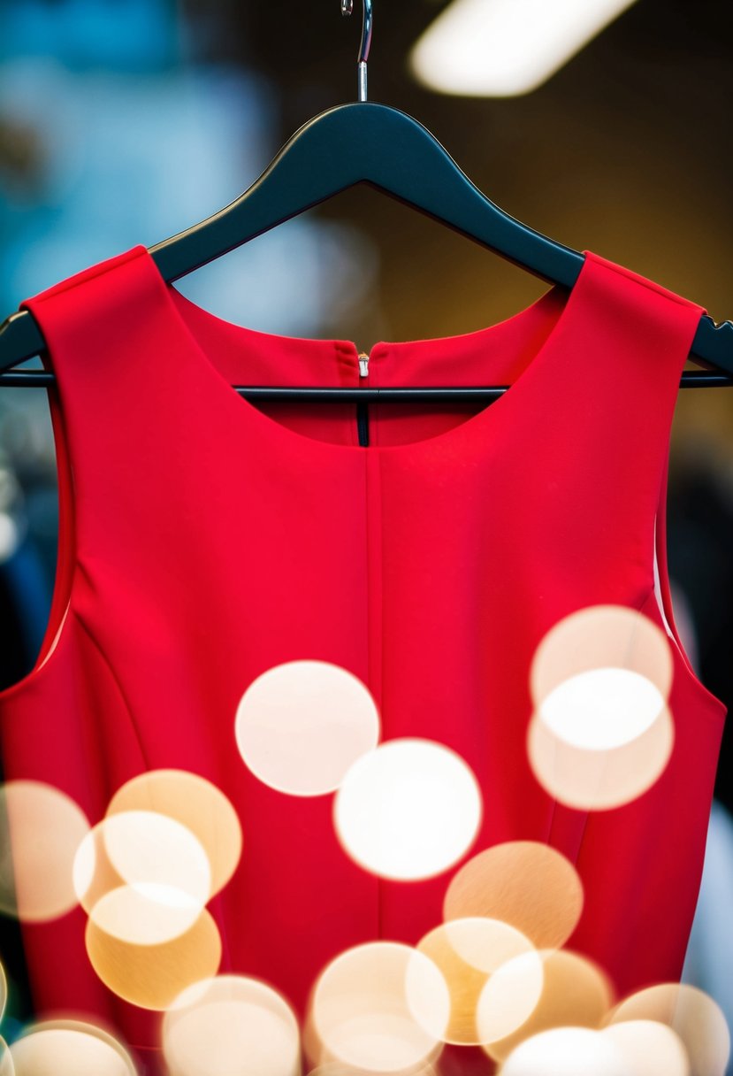 A round neck sleeveless red dress hanging on a hanger