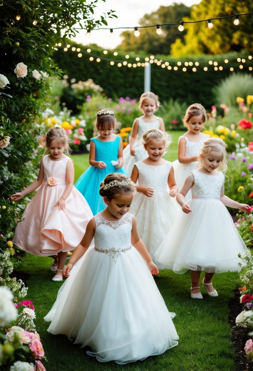 A group of children in various wedding dresses, playing and twirling in a garden filled with flowers and fairy lights